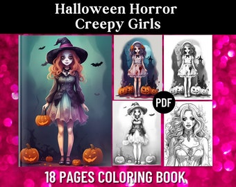 18 pagine da colorare horror di Halloween, libro da colorare per adulti, regalo di Halloween, ragazza gotica, Halloween spettrale inquietante, PDF stampabile, download digitale