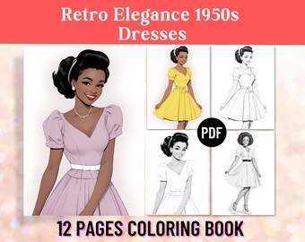 Libro para colorear de moda de mujeres negras de la década de 1950, vestidos retro, moda vintage afroamericana, libro para colorear para adultos, PDF imprimible, descarga digital