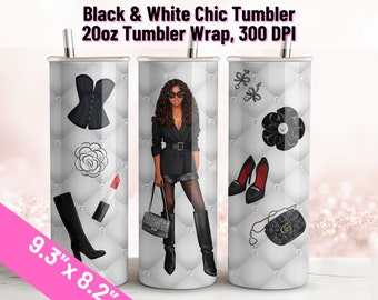 Digitale schwarze Monochrom Mode Tumbler Wrap 20 Unzen, Geschenk für Sie, schwarze Frauen Mode, Designer Tumbler Sublimation, Tumbler PNG Download