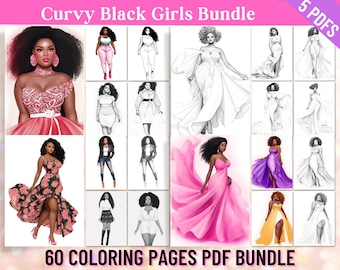 Paquete de chicas negras con curvas para colorear, ilustraciones de moda afroamericana, vestidos de moda, libro de colorear para adultos, 5 PDF imprimible digital