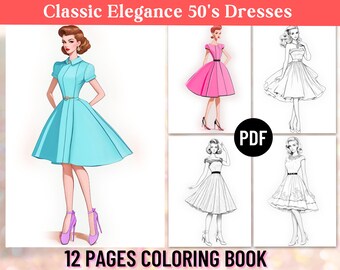Libro para colorear de moda de vestidos vintage de la década de 1950 / 12 páginas impresionantes / Libro para colorear para adultos / Moda / PDF imprimible digital / Descarga instantánea