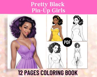 Libro para colorear de moda de chicas pin-up negras, vestidos retro, moda vintage afroamericana, libro para colorear para adultos, PDF imprimible, descarga digital