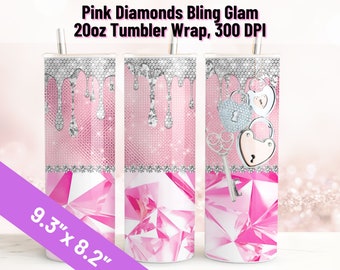 May include: Pink and silver glitter tumbler wrap design with a dripping effect and a key and lock design. The wrap is 9.3 inches by 8.2 inches and is for a 20 ounce tumbler.