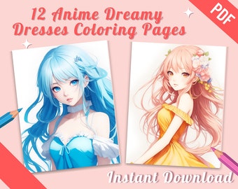 12 páginas para colorear de anime Kawaii, vestidos lindos, libro para colorear para adultos, coloración de anime manga, chicas anime, PDF imprimible digital, descarga instantánea