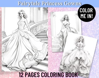 Princess Gowns Fashion Coloring Book | 12 Beautiful Pages | Adult Coloring Book | Fashion | Digital Printable PDF | Instant Download