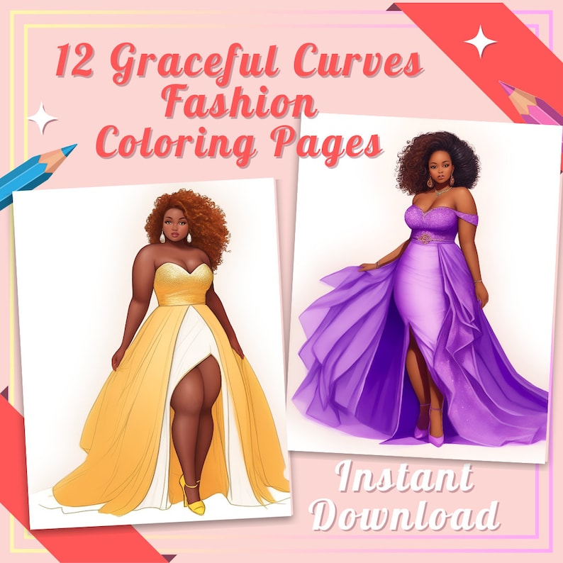 Curvy Black Girls Bundle Coloring Pages, African American Fashion ...