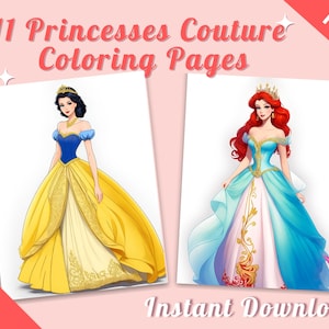 11 Fairytale Princess Coloring Pages + 11 Color Pages,Girls Birthday Coloring Pages,Princess Dresses,Digital Printable PDF,Instant Download