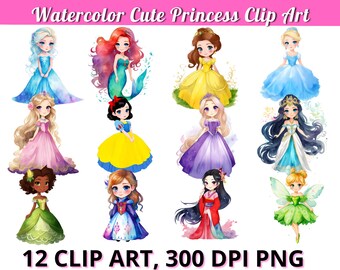 12 Watercolor Fairytale Princess Clipart, Girls Birthday Party Invitations, Toddler Princess PNG, POD Princess Graphics, Instant Download