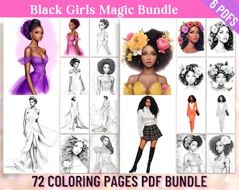 Black Girls Magic Coloring Pages Bundle, African American Fashion Illustrations, Fashion Dresses,Adult Coloring Book,6 Digital Printable PDF