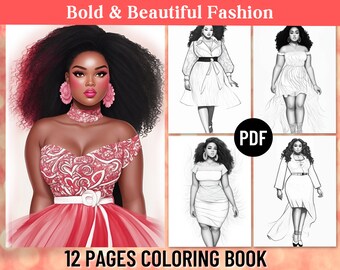 12 Páginas para colorear de moda con curvas afroamericanas / Libro para colorear para adultos / Tallas grandes / Regalo positivo para el cuerpo / PDF imprimible / Descarga instantánea