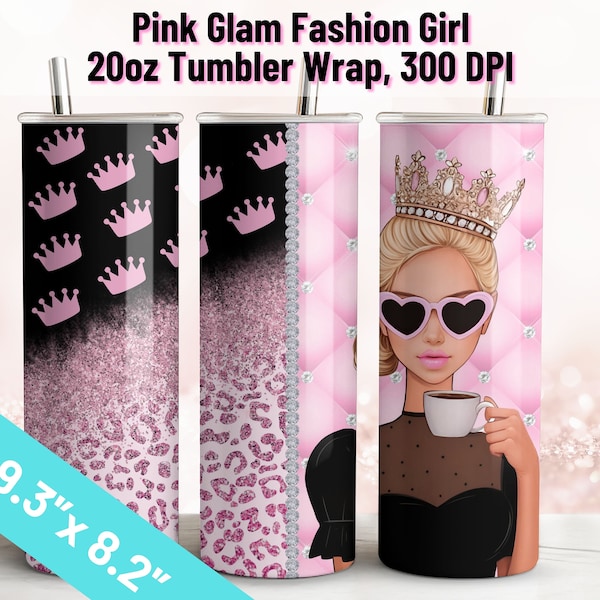 Digital Pink Glam Fashion Girl Tumbler Wrap 20oz,Gift for Her,Coffee Lover,Designer Bling Tumbler Sublimation,Luxury Princess Tumbler PNG