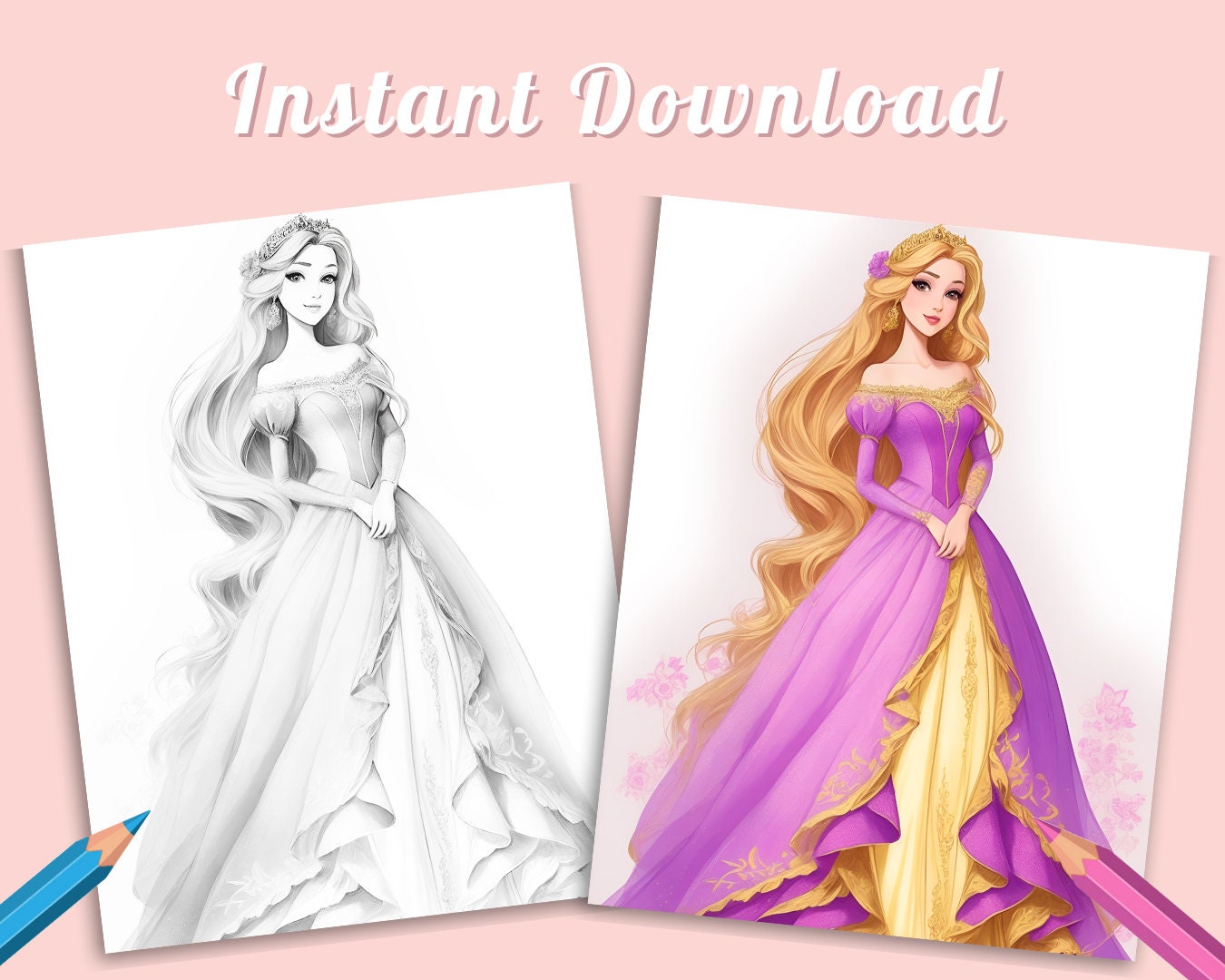 11 Fairytale Princess Coloring Pages + 11 Color Pages,girls Birthday ...