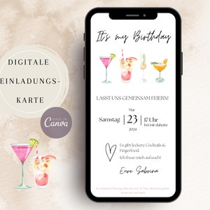 eCard Geburtstagparty Frau | bearbeitbare Canva Vorlage | Digitale Einladung | Einladung schlicht Cocktails | Karte per Whatsapp versenden