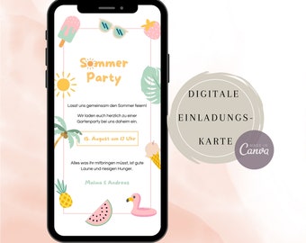 eCard Sommerparty, digitale Einladung, bearbeitbare Canva Vorlage, Gartenparty Einladung, Karte WhatsApp versenden, sommerlich, Geburtstag
