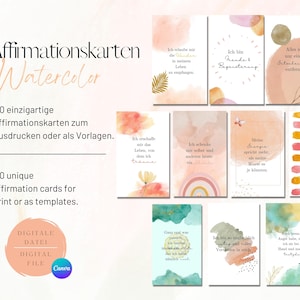 Affirmationskarten Watercolor | Digitale Affirmationskarten | Selbstliebekarten | Canva Vorlage | Karten zum Download | Positiv Mindset