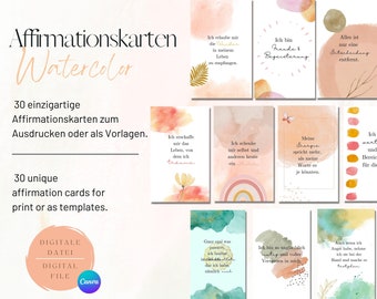 Affirmationskarten Watercolor | Digitale Affirmationskarten | Selbstliebekarten | Canva Vorlage | Karten zum Download | Positiv Mindset