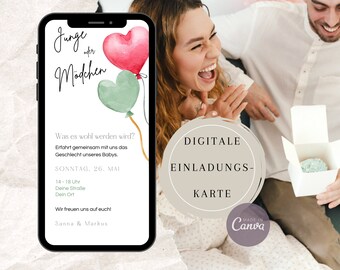 Gender reveal invitation card, digital invitation baby shower, editable Canva template, invitation baby/child, send card via Whatsapp