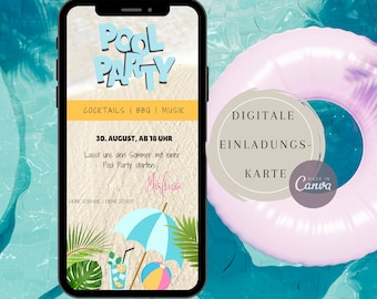 eCard pool party, digital invitation, editable Canva template, garden party invitation, card WhatsApp, summery, birthday