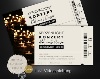 Vorlage Konzertticket, Gutschein Konzert, Candlelight Konzert, Ticket Candlelight Concert, Eintrittskarte Gutschein, digitale Vorlage Druck