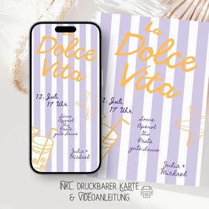 May include: A digital invitation with a striped lavender and white background. The words "La Dolce Vita" are in orange script. The invitation includes event details, a cocktail illustration, and the names "Julia & Michael".
