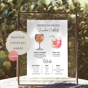 Vorlage Getränkekarte, Cocktailkarte Party, Getränkekarte Hochzeitsfeier, bearbeitbare Getränkevorlage mit Cocktails, Karte zum Drucken