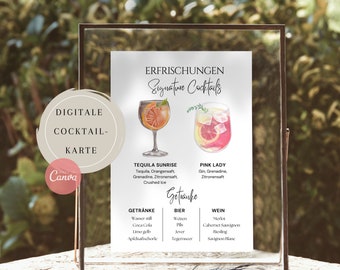 Vorlage Getränkekarte, Cocktailkarte Party, Getränkekarte Hochzeitsfeier, bearbeitbare Getränkevorlage mit Cocktails, Karte zum Drucken