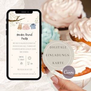 Tarjeta de invitación de revelación de género, invitación digital baby shower, plantilla Canva editable, invitación bebé/niño, enviar tarjeta vía Whatsapp
