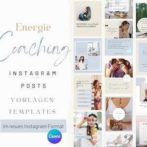 Puede incluir: Un collage de nueve plantillas de publicaciones de Instagram para coaching energético. Las plantillas presentan una variedad de colores, incluidos el azul, el rosa y el verde. El texto en las plantillas está en alemán e incluye frases como "Wie können energetische Traumatas aussehen?" y "So läuft eine EFT Sitzung bei mir ab."