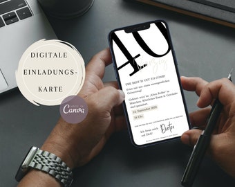 Digitale eCard Geburtstagseinladung, schlichte moderne eCard, 40 Gerburtstag schwarz weiß, Einladung per Whatsapp Versenden, Canva Vorlage