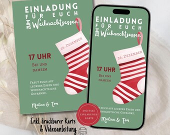 May include: A digital Christmas dinner invitation on a smartphone and a printed card. The design features a red and white striped stocking with the date "26. Dezember" and the time "17 UHR". The text is in German.