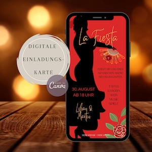eCard Spanischer Abend, Einladung Sommerparty, Einladungskarte Mottoparty, Canva Vorlage Spanien, Flamenco Einladung, versenden via WhatsApp