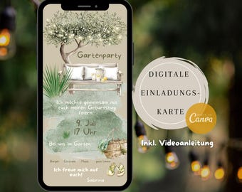 Gartenparty Einladung, Einladung Sommerparty, Grillend, eCard Geburtstag, Canva Vorlage, digitale Einladungskarte, WhatsApp Einladung