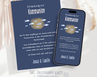 May include: Navy blue invitation card and smartphone screen with the text "Einladung zur Kommunion". The design features a watercolor illustration of a sun and fish. The text includes event details and the names "Jonas & Familie".