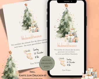 May include: Christmas invitation card and digital card design. The design features a watercolor Christmas tree with a star on top, gifts, and text in German. The card includes the text "Weihnachtsessen" and event details.