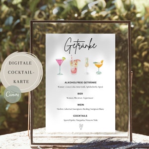 Vorlage Getränkekarte, Karte für Getränke & Cocktails zum Drucken, Hochzeiten, Geburtstagspartys, minimalistische Cocktailkarte, Download