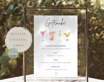 Vorlage Getränkekarte, Karte für Getränke & Cocktails zum Drucken, Hochzeiten, Geburtstagspartys, minimalistische Cocktailkarte, Download
