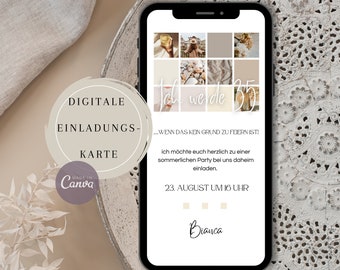 May include: Digital invitation card with a collage of photos and the text "Ich werde 35 - Wenn das kein Grund zu feiern ist!"  The invitation is for a summer party on August 23rd at 4 PM. The text "Made in Canva" is in the lower left corner.