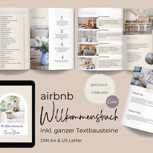 Libro di benvenuto Airbnb beige | Modello tela | Cartella ospite personalizzabile | 40 pagine di informazioni per gli ospiti per appartamenti/case vacanze in affitto