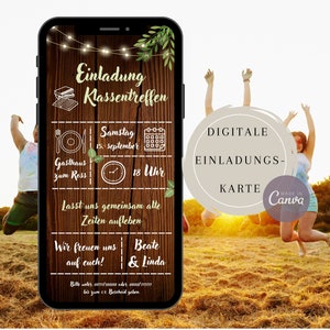 May include: A digital invitation for a class reunion on a wood-grain background with a calendar, clock, and text that reads "Einladung Kassentreffen Samstag 15. September 18 Uhr Gasthaus zum Ross Lasst uns gemeinsam alte Zeiten aufleben Wir freuen uns auf euch! Beate & Linda Bitte unter 0177/xxxxx oder 0000/777777 bis zum 12. Bescheid geben."