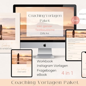 Op de afbeelding: Een digitaal coachingpakket met een 4-in-1-ontwerp. Het pakket bevat een werkboek, Instagram-sjablonen, een vragenlijst en een e-boek. De afbeelding toont een strandscene met zonsondergang en een vrouw die over het strand loopt. De tekst op de afbeelding luidt "Coaching Vorlagen Paket" en "4 in 1".