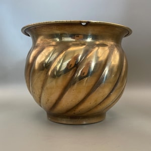 May include: A polished brass planter featuring a rounded, bulbous body with a distinct diagonal spiral fluted pattern. The vessel has a wide, smooth, circular rim and a narrow, flat base, showcasing a metallic gold finish with subtle reflections.