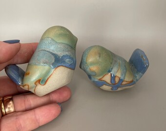 Pair of Pottery Birds - Blue Glaze - Slip Cast - Sweet Blue Birds