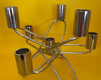 Atomic Vibe Candelabra with silver metal finish - holds 7 candles - candle stick holder - 1960's style