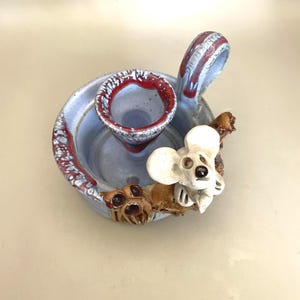 Vintage Studio Pottery Candle Holder: Mouse on Gum Tree Branch, Blue Maroon Glaze