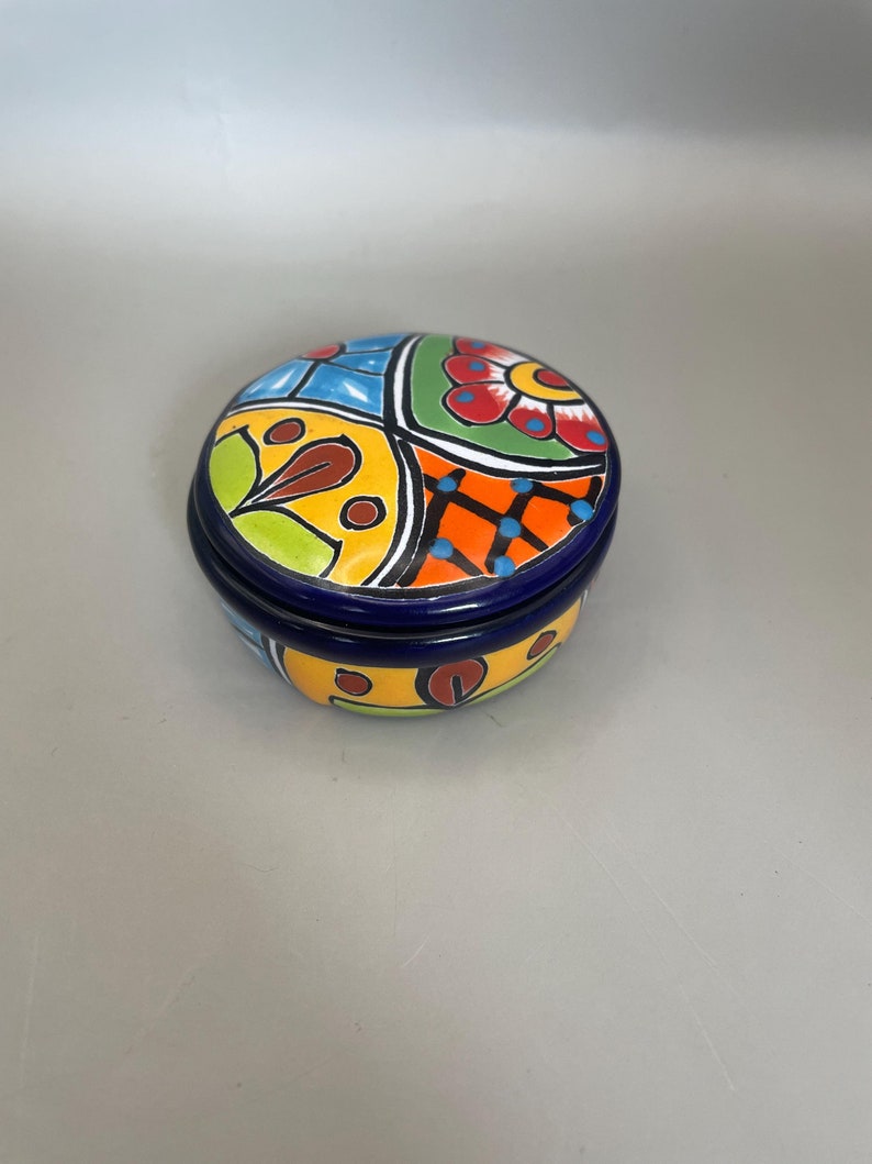 Mexican Talavera Pottery Trinket Box - Ceramic - Round - Floral ...