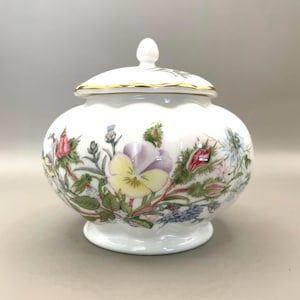 Azucarero vintage Aynsley "Wild Tudor" con tapa - Porcelana inglesa - Pensamientos - Florales