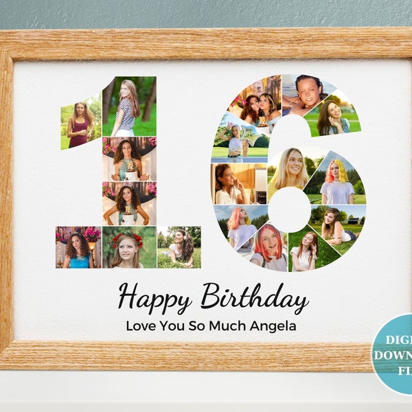 Custom 16th Birthday Photo Collage - 16th Anniversary Party Decoration - Picture Collage - 18 Pieces Inside Photos - Personalized Gift