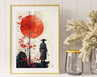 Samurai Warrior in Autumn - Traditional Japanese Art Print - Instant Digital Download - Zen Wall Art - Printable Wall Art - Japandi art