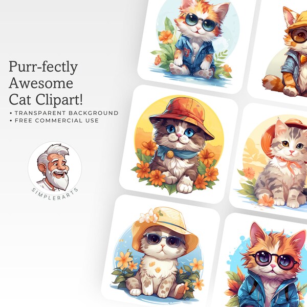 Cool Cat Clipart - Hip Cat Graphics - Cat Illustrations - Printable Cat Images - Stylish Feline Clip Art - Cat Lover's Art - PNG Graphics