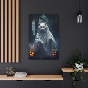Phantom White Cat Canvas Print - Halloween Bed Room Art, Spooky Wall Decor, Living Room Decor, Cat Lovers, Original, Home Office, Pumpkin